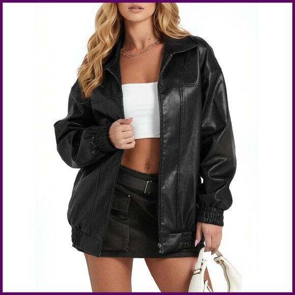 Oversized Faux Leather Motorcycle Jacket with Zipper and Pockets